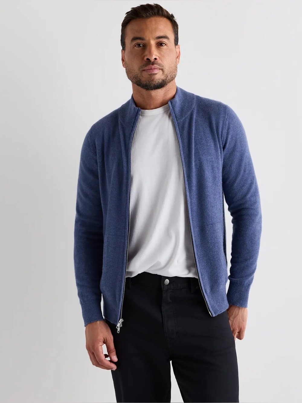 Quince Mongolian Cashmere Full Zip Sweater Heather Storm Blue